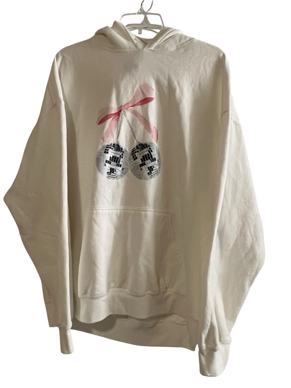 Gildan White Hoodie with Pink Bow and Silver Disco Cherry Graphic Size XL